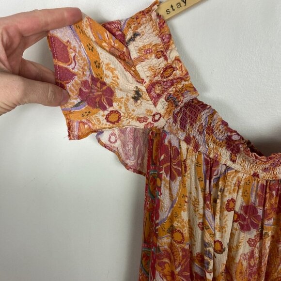 Free People Bohemian Wide Leg Orange Yellow Floral Jumpsuit Carmen Smock XS Boho - Picture 10 of 15